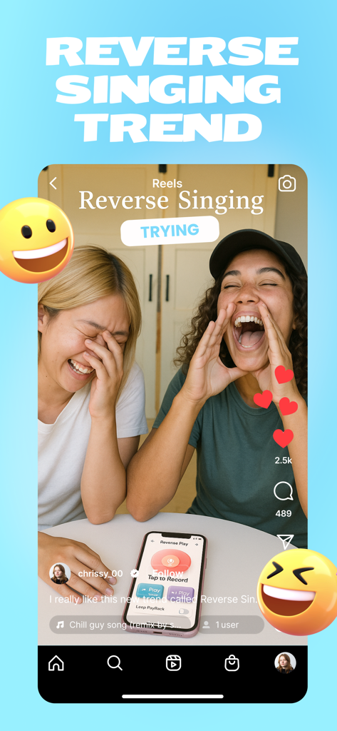 Reverse Singing Audio Play - Two young women laughing while using the Reverse Singing app for a viral audio challenge