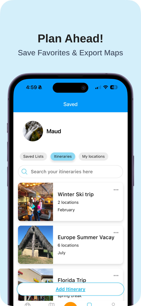 Mobile screen of Gowhee app displaying saved family travel itineraries for planning trips.