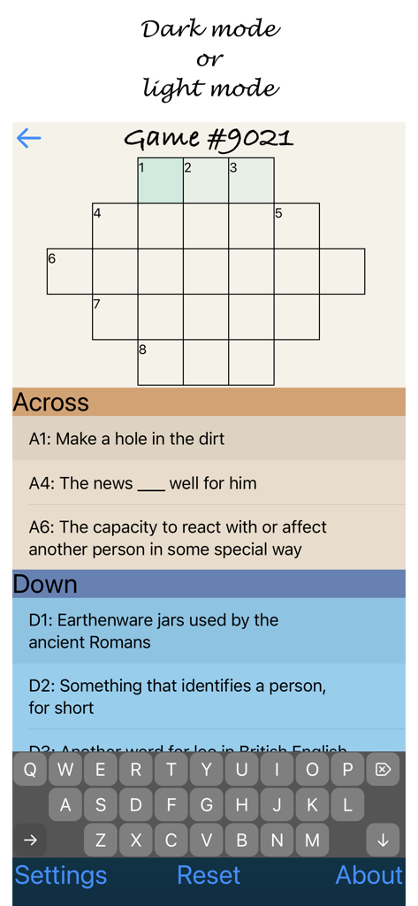 Screenshot of Solo Cross app showing a crossword puzzle grid with across and down clues and a custom keyboard.