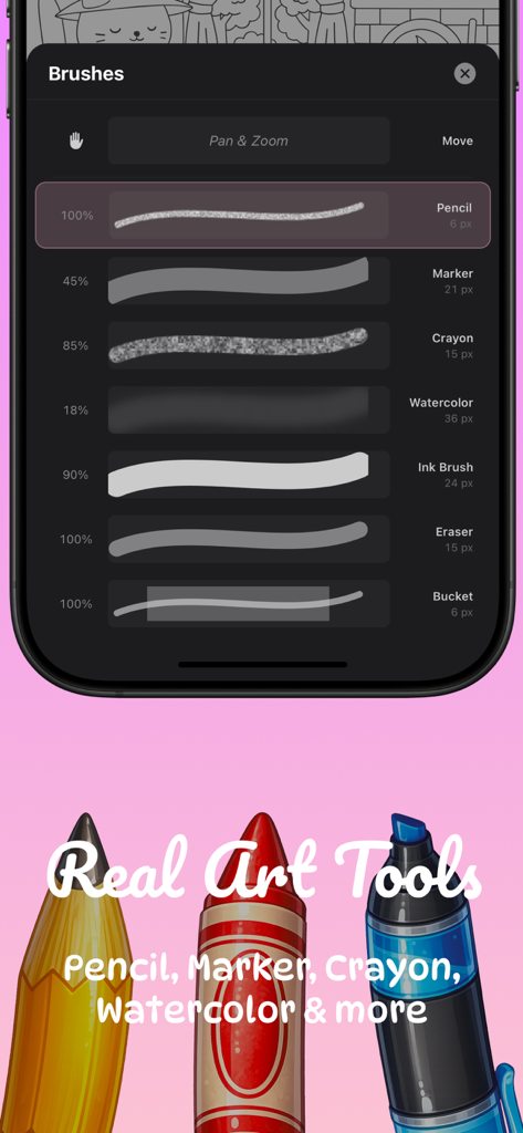 Bobbie Goods: Coloring Book! - Interface of the Bobbie Goods app showing realistic art brushes like pencil marker and crayon