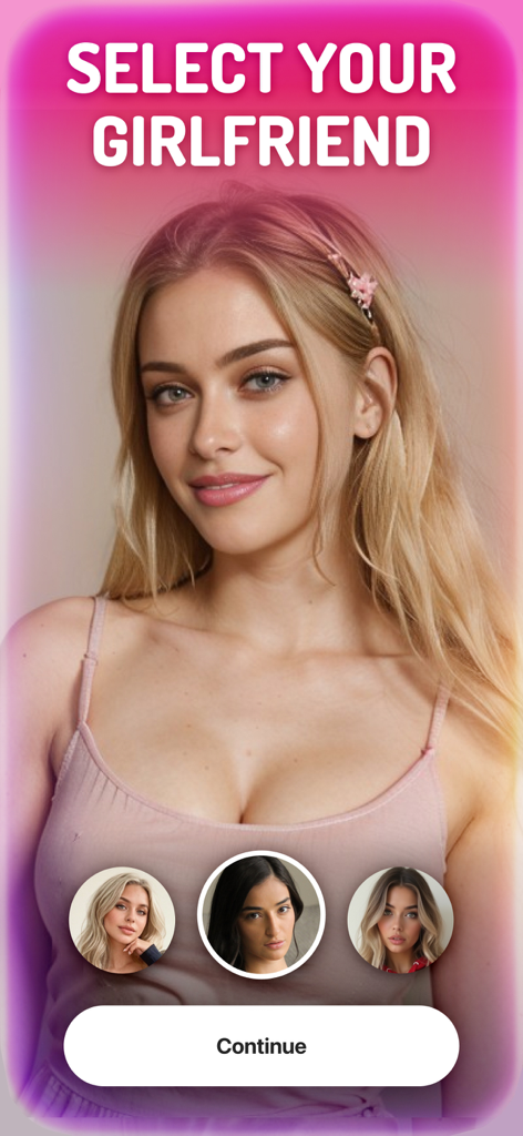 AI Girlfriend Chat: Jessy - AI Girlfriend Chat app screen showing a selection menu with realistic AI female characters and a continue button