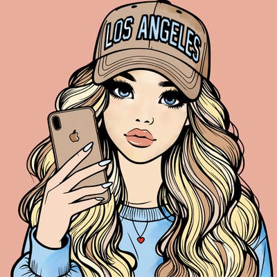 realistic beautiful girl wearing los ángeles cap holding an iphone