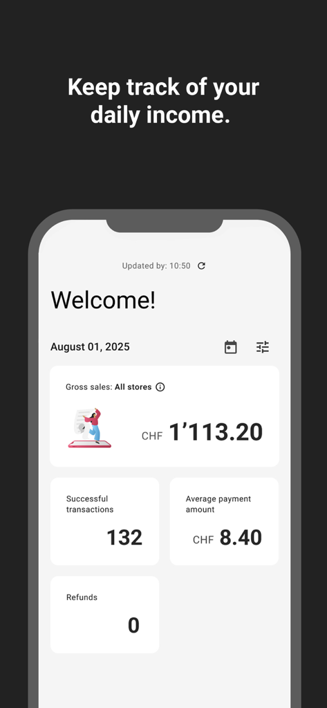 TWINT Business Portal - Dashboard der TWINT Business Portal App mit täglichen Bruttoumsätzen und Transaktionsstatistiken für einen Händler
