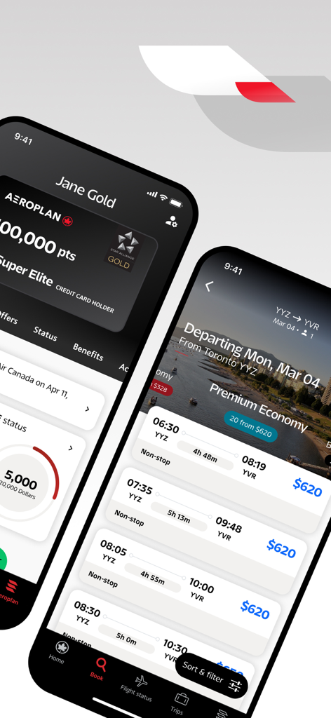 Air Canada app displaying Aeroplan loyalty points and flight booking search results