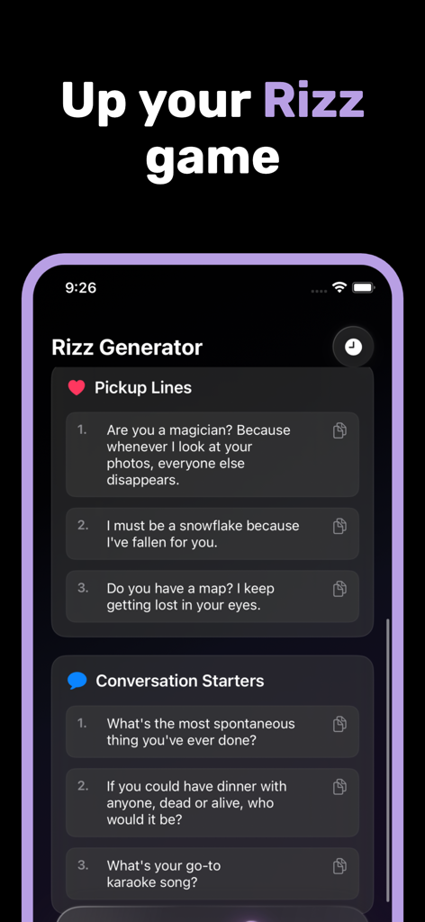 LooksMax AI Private Face Rater - LooksMax AI Rizz Generator-Oberfläche zeigt Anmachsprüche und Gesprächsstarter für Verabredungen