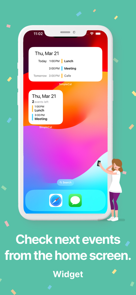 iPhone home screen displaying SimpleCal calendar widgets with upcoming schedule events