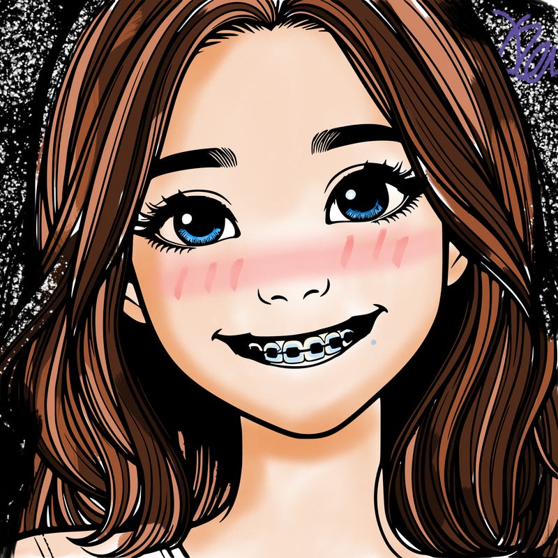 a girl with braces smiling with freckles realistic
