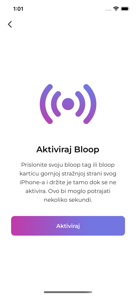 Bloop - Connect & Share - Pantalla de activación de la aplicación Bloop para etiquetas y tarjetas NFC