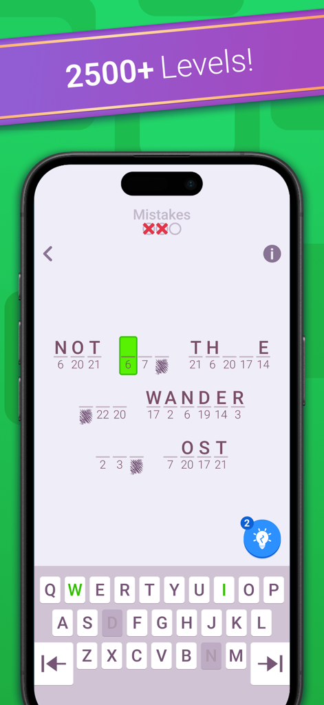 PlaySimple Cryptogram - A mobile screen showing a word puzzle game with a cryptogram cipher and a banner announcing over 2500 levels.