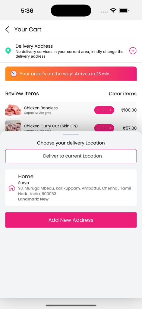 Shino - Shop Local. Fast. - Shino app shopping cart screen with a pop up menu to choose a delivery location