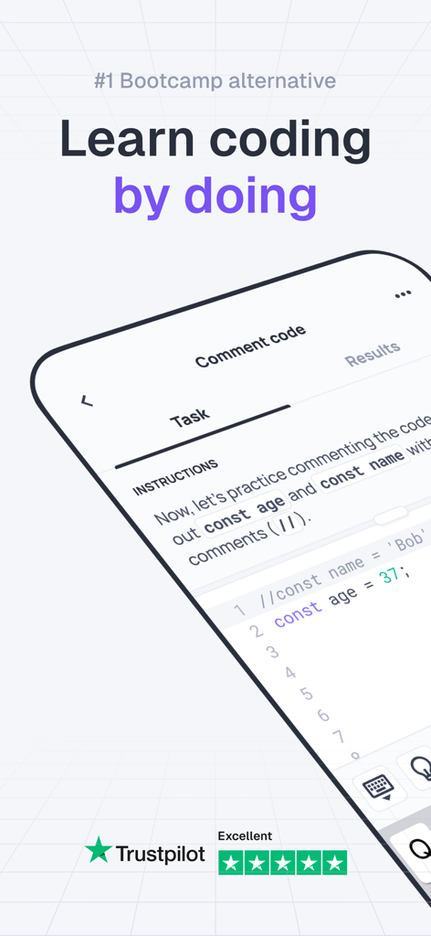 Kodree (Formerly Knowely) - Interfaz de la aplicación móvil Kodree que muestra una lección de programación práctica con el titular Aprende a programar haciendo
