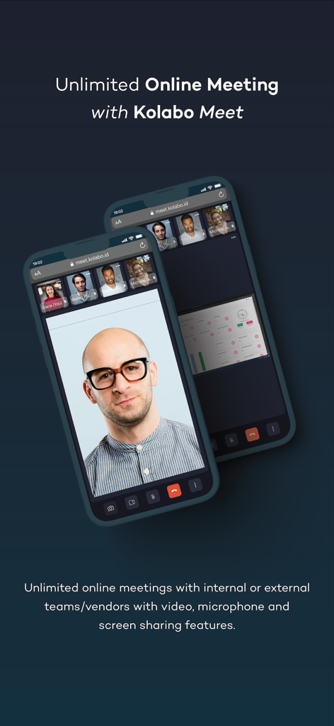 Mobile app screens showing the Kolabo Meet video conferencing interface with multiple participants and screen sharing features.