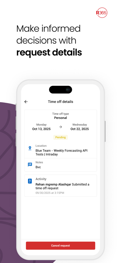 Restaurant365 Mobile App, die Details für einen ausstehenden Urlaubsantrag anzeigt.