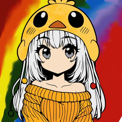 anime girl with chick shaped hat with sweater with bare shoulders with bangs covering them one eye with low tail