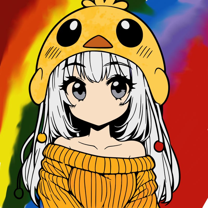anime girl with chick shaped hat with sweater with bare shoulders with bangs covering them one eye with low tail