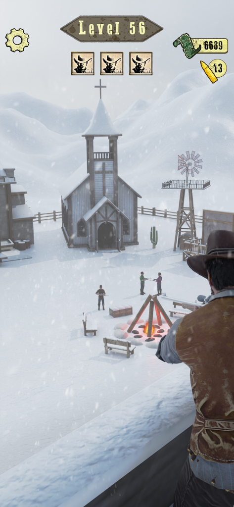 Wild West Sniper: Cowboy War - Egoperspektive eines Cowboy-Scharfschützen, der auf Ziele in einer verschneiten Westernstadt in der Nähe einer Kirche zielt