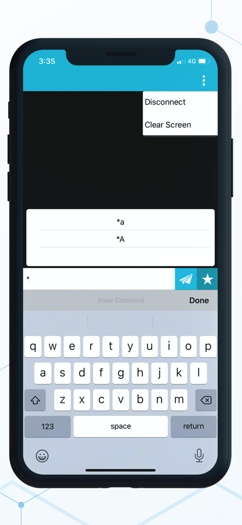 Telnet Client Terminal - Telnet Client Terminal app showing a terminal screen with command input suggestions and an iPhone keyboard
