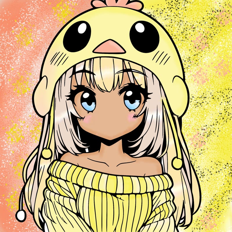 anime girl with chick shaped hat with sweater with bare shoulders with bangs covering them one eye with low tail