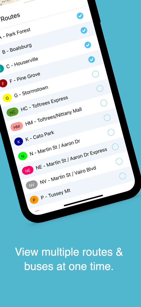 myStop Mobile - Interface of the myStop Mobile app showing a list of selectable bus routes for tracking multiple lines at once.