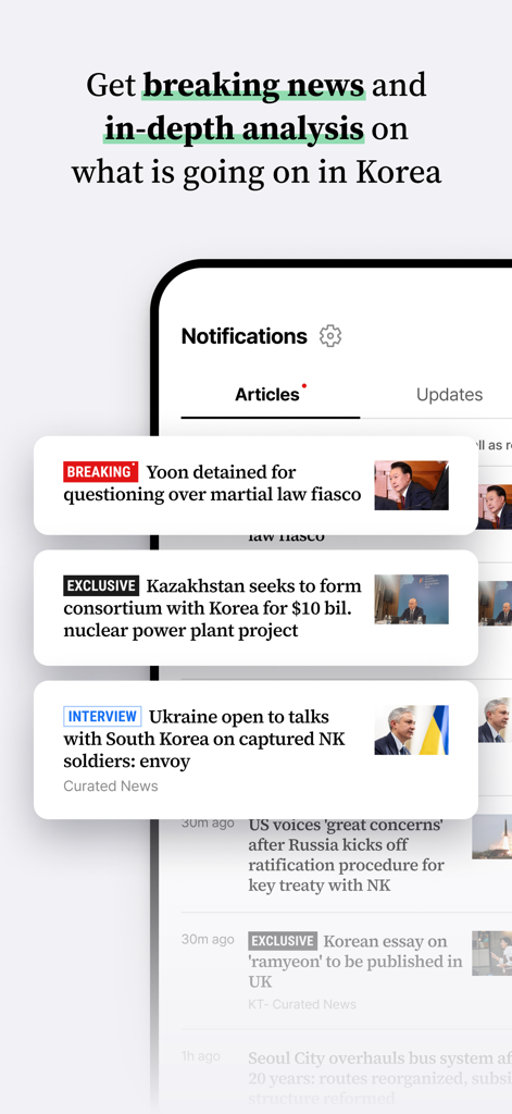 The Korea Times - The Korea Times mobile app interface showing breaking news and in-depth analysis notifications.