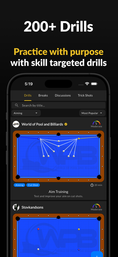 Interface of the WPB app displaying a library of over 200 pool drills with table layouts and aiming guides