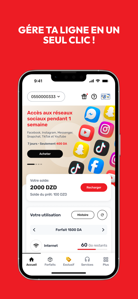 My Ooredoo Algeria mobile app dashboard showing account balance and data usage information.