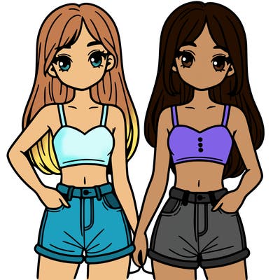 two sisters with crop tops and jean shorts and straight hair