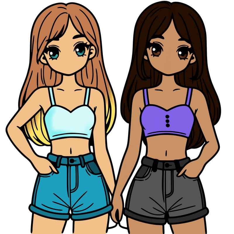 two sisters with crop tops and jean shorts and straight hair
