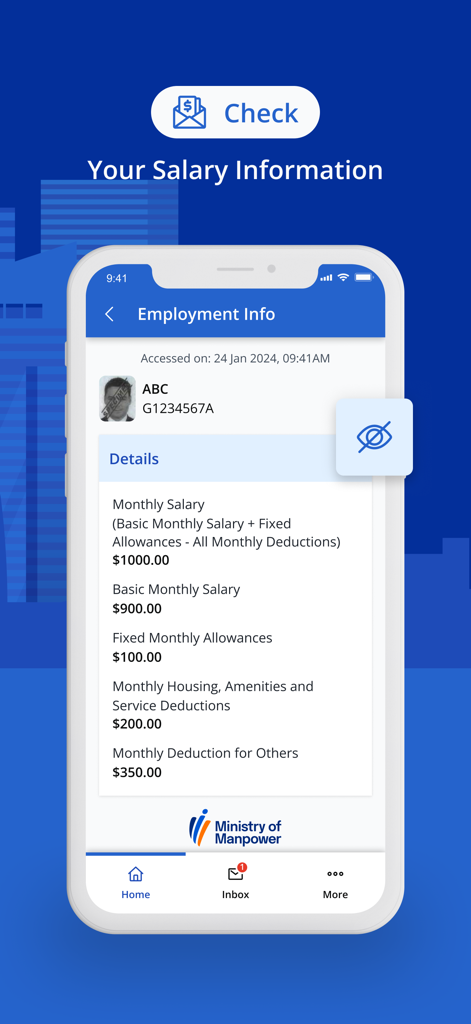 SGWorkPass-App-Oberfläche, die Details zu Monatsgehalt und Zulagen für einen Arbeitserlaubnisinhaber anzeigt