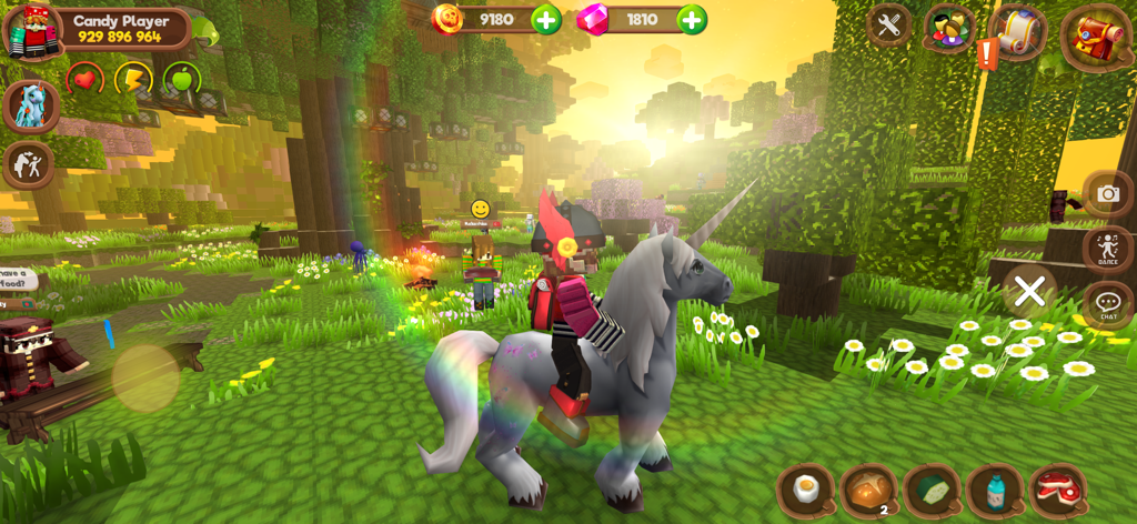 Pony World Craft - A character riding a white unicorn with a rainbow trail in a cubic forest landscape