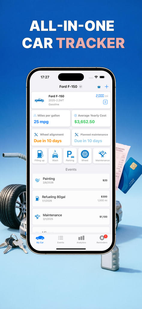AutoStat app dashboard showing car expenses, fuel economy statistics, and maintenance reminders for a Ford F150