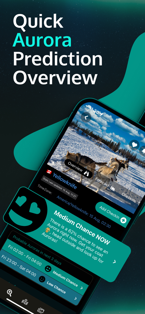 AuroraReach - AuroraReach app interface showing aurora visibility prediction and a medium chance alert for Yellowknife
