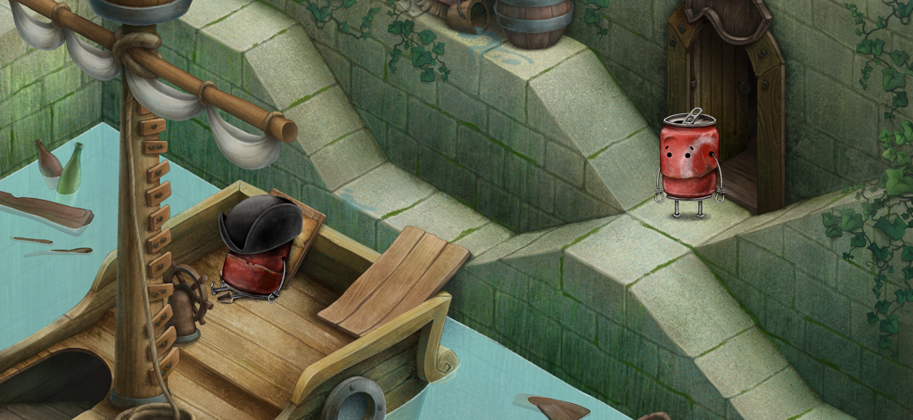 Boxville 2 - Scène dessinée à la main d'un personnage en boîte rouge debout près d'un mur de pierre à côté d'un bateau pirate en bois dans un canal.