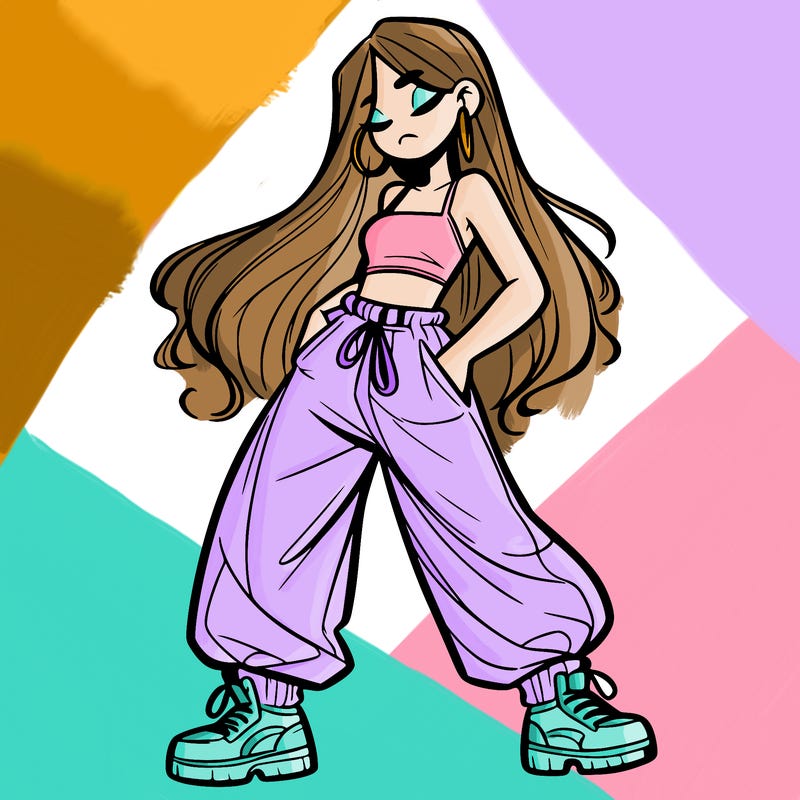 girl in baggy pants crop top and long hair