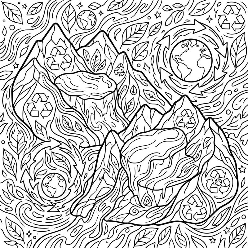 Celebrate Earth Day by coloring this inspiring page featuring majestic cirque glaciers nestled among mountains. Discover hidden recycling symbols and natural patterns as you bring this environmental masterpiece to life.