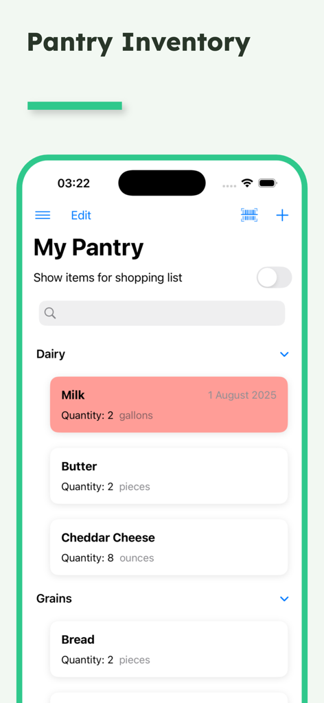 Pantry Check - Mobile app interface displaying a categorized list of kitchen supplies and quantities