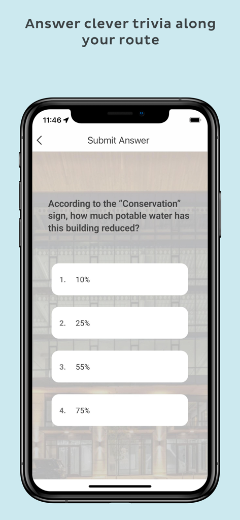 Adventure Lab® - Tela do aplicativo Adventure Lab mostrando uma pergunta de curiosidades de múltipla escolha para uma caça ao tesouro ao ar livre.
