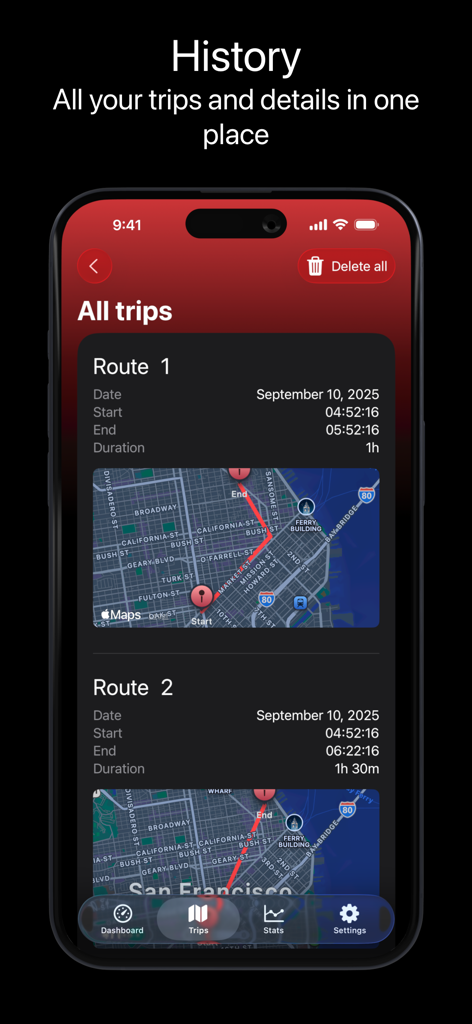 Écran de l'historique des trajets de l'application Scooter Tools affichant les itinéraires et les cartes enregistrés pour les navetteurs en scooter électrique