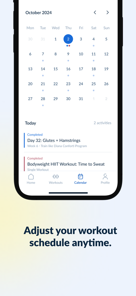 Una captura de pantalla de la aplicación Plan Over Mood que muestra un calendario mensual de fitness con entrenamientos programados y completados
