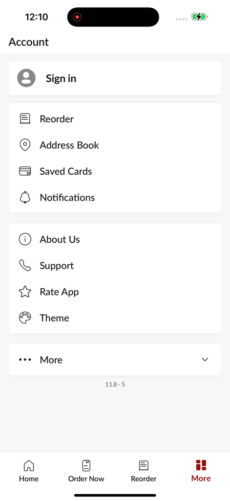 Amigos, - Konto-Menü der Amigos Mobile App mit Anmelde- und Benutzerprofiloptionen