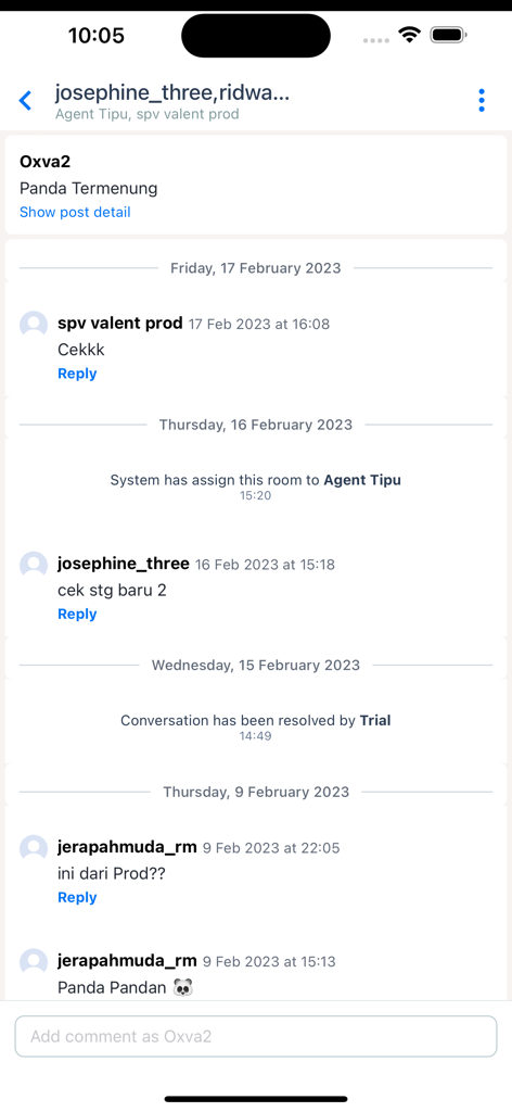 Qontak Chat mobile app interface displaying a customer conversation history and agent assignment updates