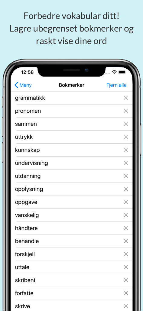 Norwegian dictionary app screen showing a list of bookmarked words for vocabulary building