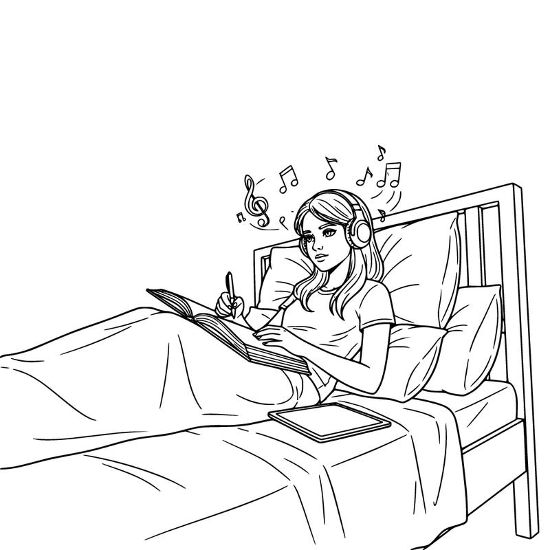 girl studying on bed and listening to music