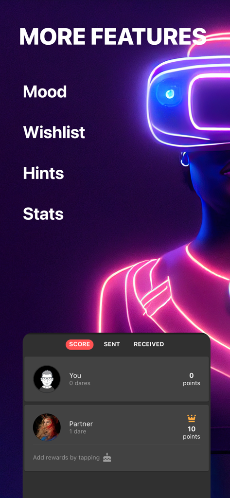 Spicer - Sex Ideas For Couples - Una captura de pantalla de la aplicación Spicer destacando características como Estado de ánimo, Lista de deseos, Pistas y una tabla de clasificación basada en puntos para parejas.