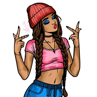 realistic teenage girl with braids and a beanie and crop top doing 🫶🏼