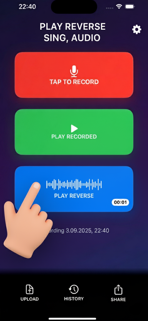 Main screen of Reverse Sing app showing buttons for recording and playing audio in reverse