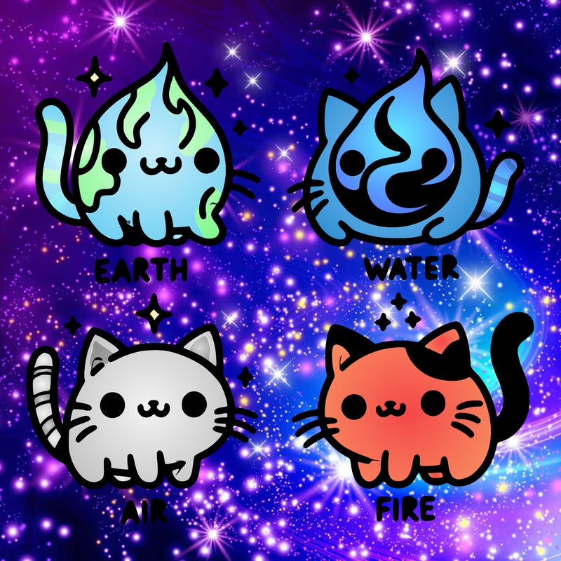 4 cats that represent the different elements, earth, water, air, and fire