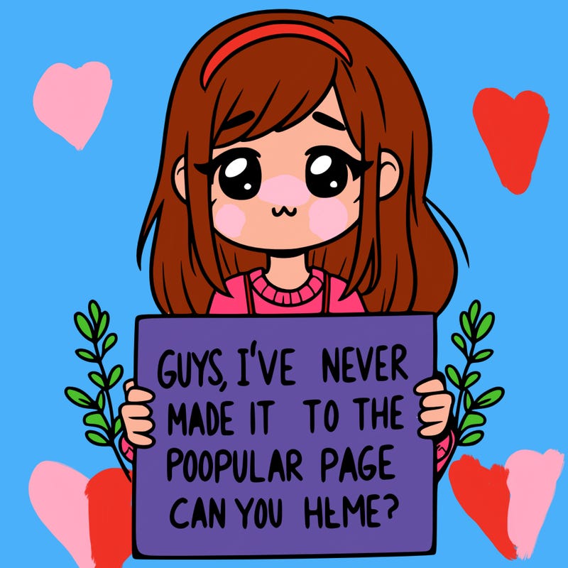 a girl holding up a sign that says, guys, i’ve never made it to the popular page, can you help me?