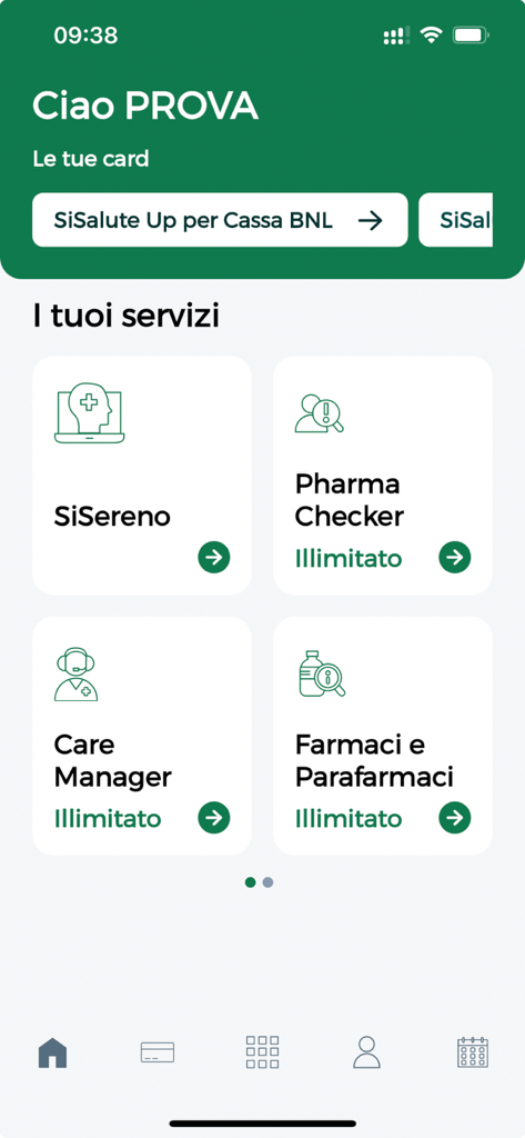 SiSalute Up per CASSABNL - SiSalute Up app home screen showing health service options for CASSABNL members