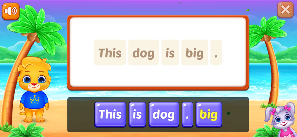 Sight Words - Pre-k to 3rd - Actividad de construcción de oraciones en la aplicación de aprendizaje Palabras de Uso Frecuente para niños.